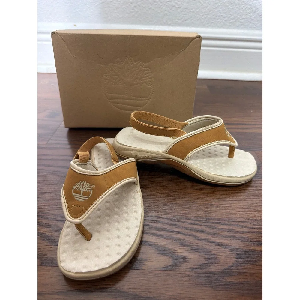 Timberland Kids Thong Sandals Wheat Cream Elastic Back Strap Logo Size 12
